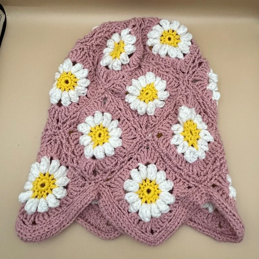 Handmade Crochet Daisy Bucket Hat Pink Boho Granny Square Floral Sun Hat